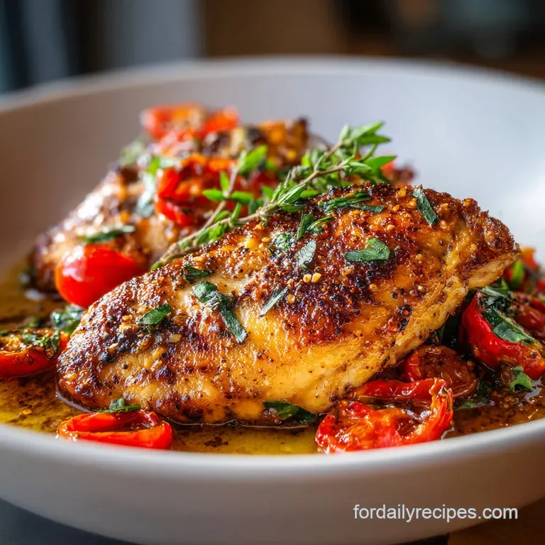 Perfectly roasted chicken thigh, skin a rich mahogany, resting on a bed of bright, slightly charred vegetables. A complete...