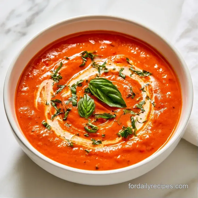 Deep orange velvet soup in a white porcelain bowl with a drizzle of herb oil and a gold spoon on a marble surface.