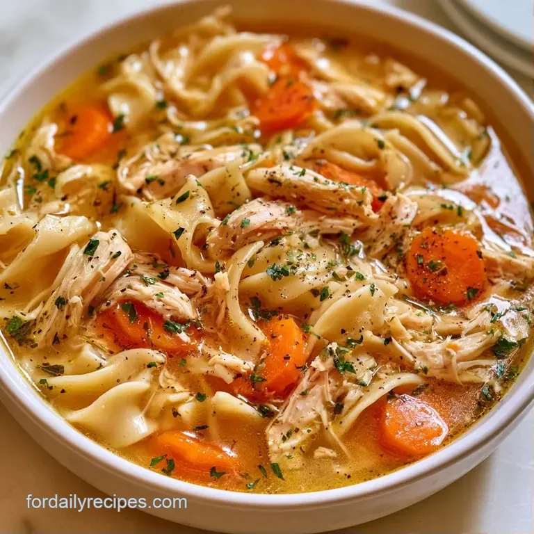 Elegant white bowl of golden broth and thick noodles, garnished with fresh herbs and a side of toasted bread.
