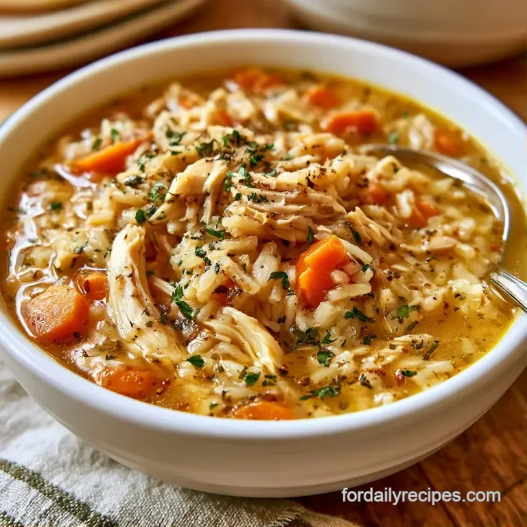 Steaming bowl of golden chicken soup with bright green parsley and sliced carrots on a rustic wooden tabletop.