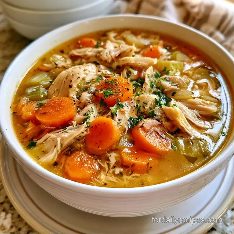 A steaming white ceramic bowl of golden poultry soup topped with fresh parsley on a rustic wooden dining table.