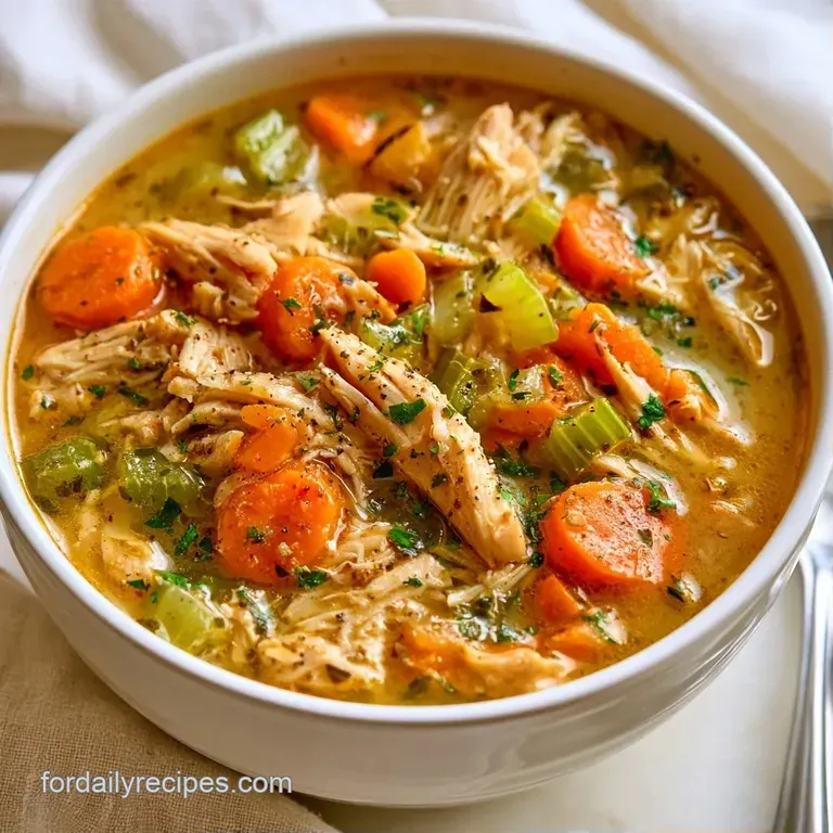 Steaming bowl of golden poultry soup with vibrant diced vegetables served with a crusty piece of toasted bread.