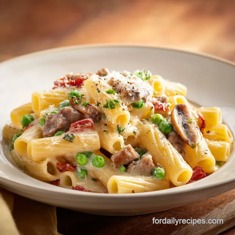 A steaming bowl of rigatoni Alfredo, generously topped with fresh parsley and a sprinkle of red pepper flakes.