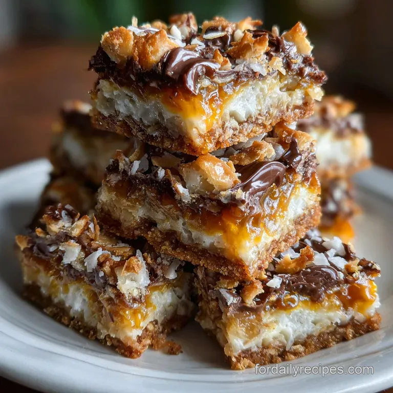 Single seven-layer bar on a white plate with powdered sugar. Layers of gooey chocolate, nuts, and coconut are visible and ...