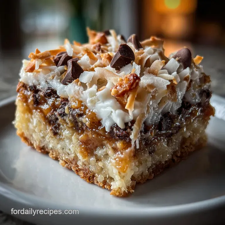 Overhead shot of golden, toasted seven-layer bars, revealing distinct layers of chocolate, nuts, and coconut on a graham c...