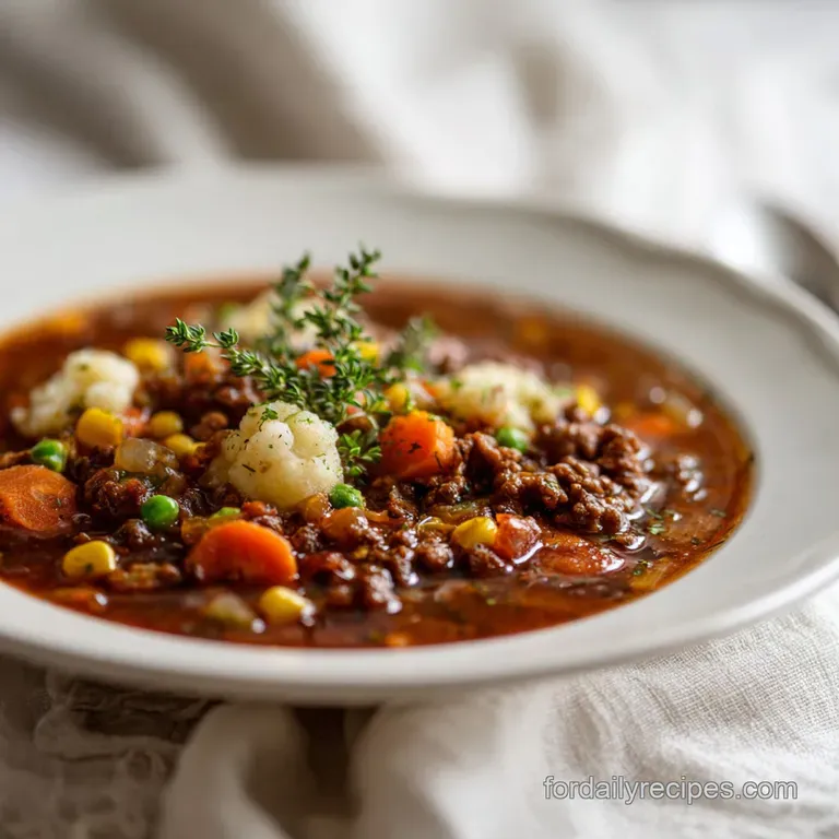 Elegant bowl of Shepherd's Pie soup with a swirl of cream, fresh thyme sprig, and toasted baguette slices on the side.