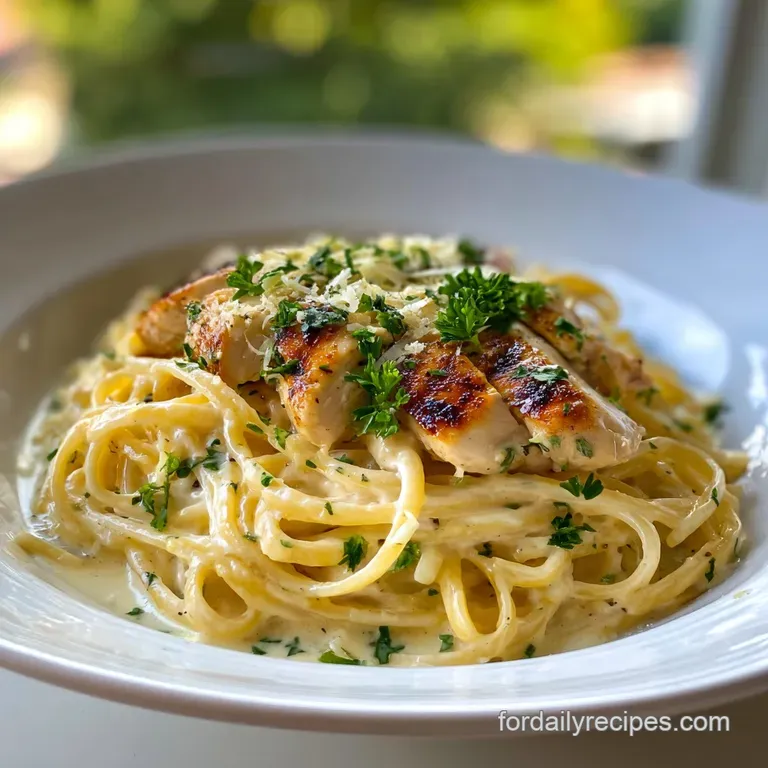 Perfectly twirled pasta nests in a shallow bowl, tender chicken slices fanned on top, vibrant parsley adding a pop of fres...