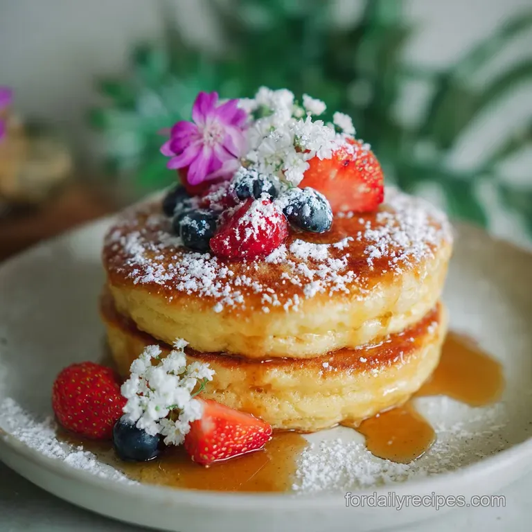 Perfectly round hotcakes artfully stacked, adorned with fresh berries and a drizzle of amber maple syrup. Lightly dusted w...