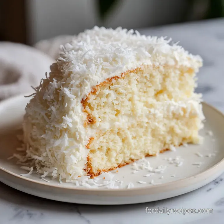 A slice of snowy white cake on a minimalist ceramic plate, accented with a fresh mint leaf and ripe raspberries.