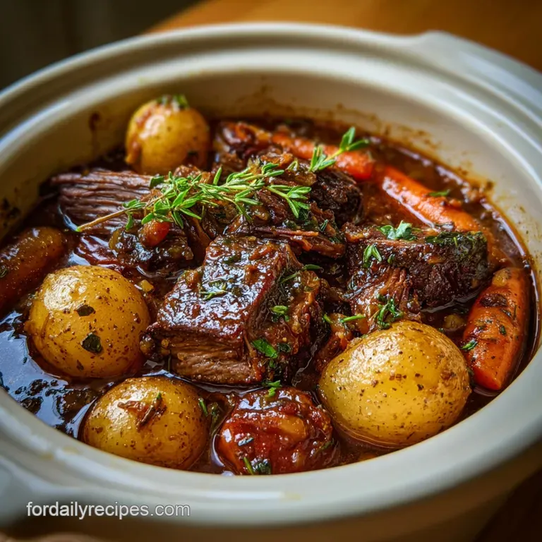 Elegant serving of shredded pot roast with glossy gravy, paired with soft, golden potatoes and bright orange carrots on a ...