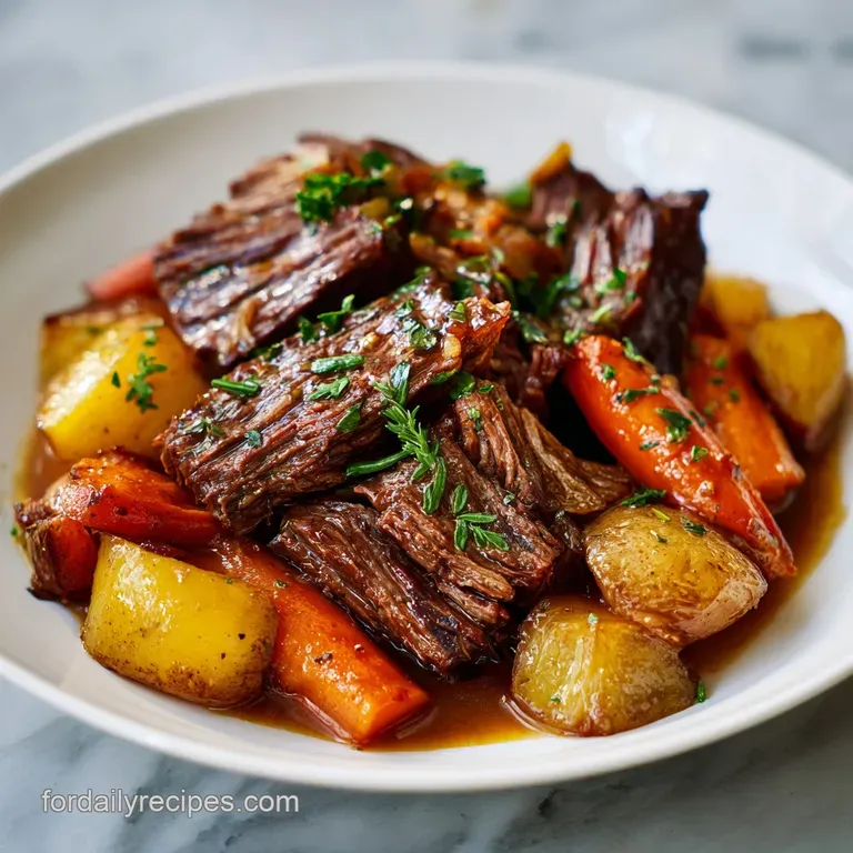 Tender slices of pot roast, glistening with savory juices, plated with creamy potatoes and vibrant, fresh herbs.