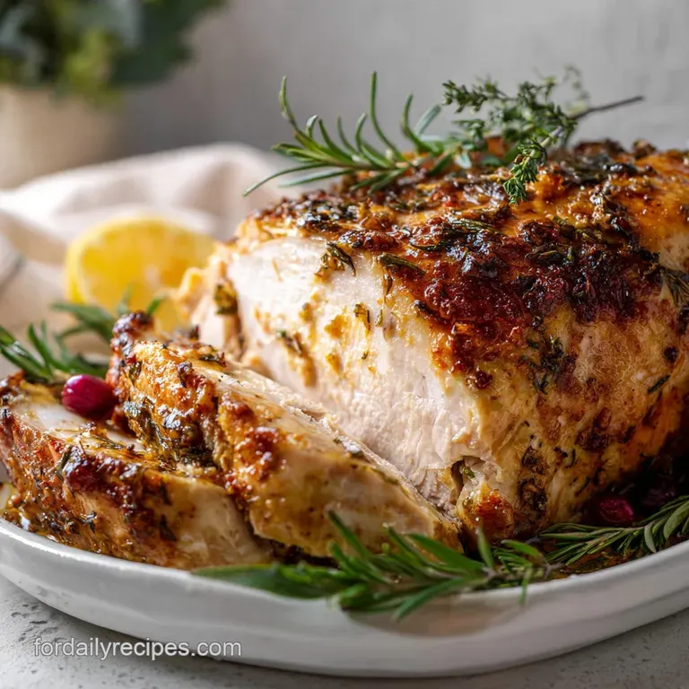 Slices of juicy, light and dark turkey meat arranged on a platter, garnished with herbs, creating an inviting Thanksgiving...