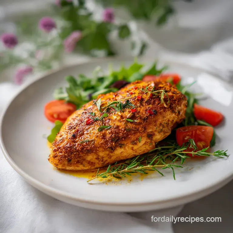 Close-up of Cajun chicken plated over rice with a bright yogurt swirl; vibrant green parsley flakes scattered on top.