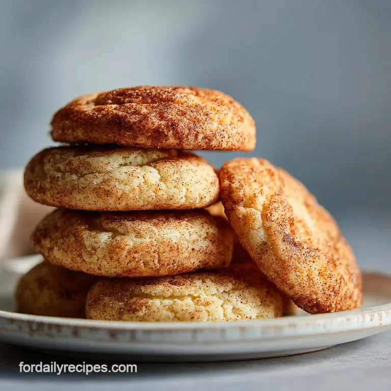 Warm snickerdoodle cookie on a white plate, dusted with cinnamon sugar. Elegant crumbs suggest a soft, melt-in-your-mouth ...