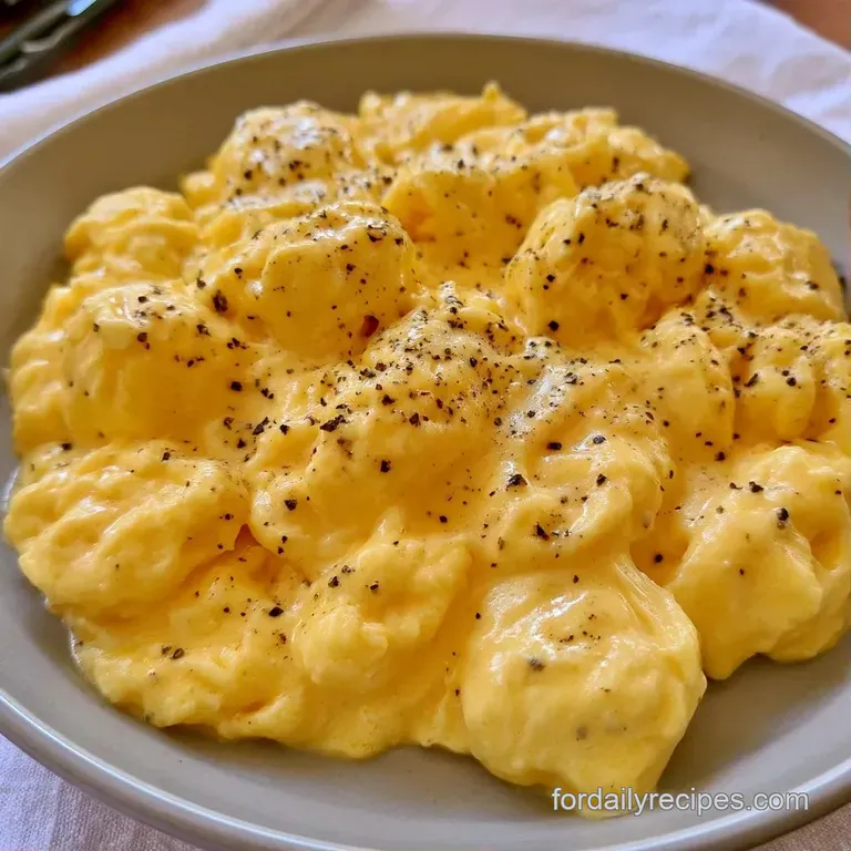 Elegant swirl of buttery, pale yellow eggs on a slate plate garnished with sliced scallions and red pepper flakes.
