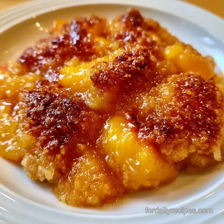 A scoop of melting vanilla ice cream atop warm, syrupy orange fruit and a buttery, crumbled pastry crust.