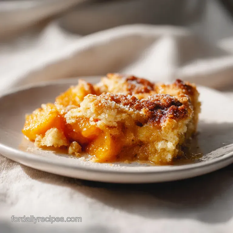 A rustic scoop of warm peach cobbler, with tender fruit and a flaky, buttery topping, elegantly plated.