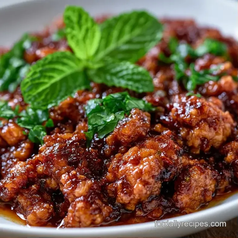 Glossy glazed chicken and peppers in a white ceramic bowl, garnished with fresh mint sprigs and white sesame seeds.