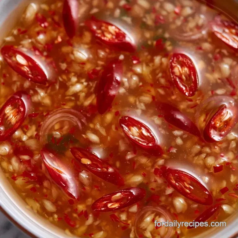 Small glass ramekin of amber liquid with floating red chili rings and minced garlic on a dark rustic surface.