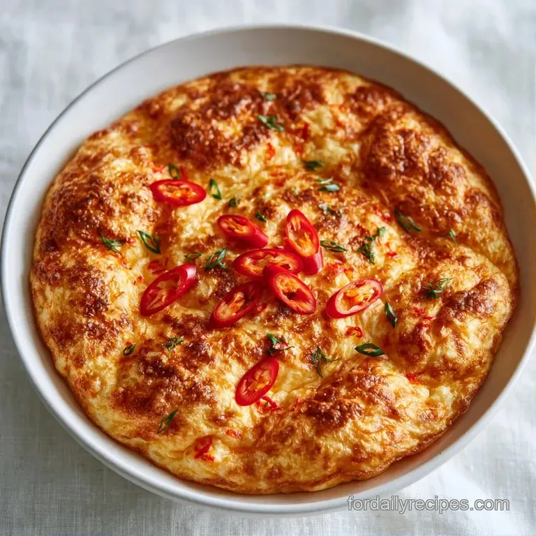 Crispy golden omelet served on a white plate beside a mound of fluffy white rice and a fresh lime wedge.