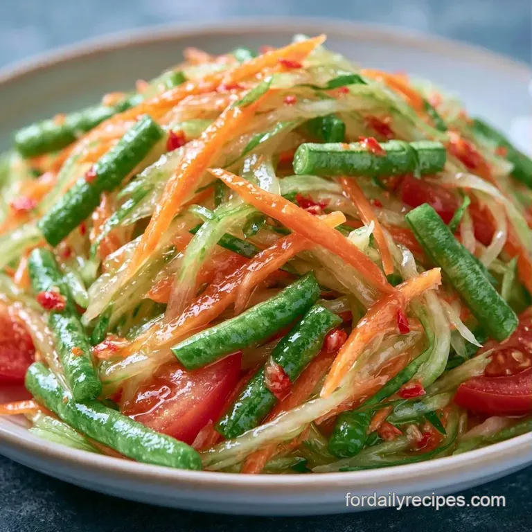 Vibrant shredded papaya and red chilies served in a ceramic bowl with fresh lime wedges and cilantro sprigs