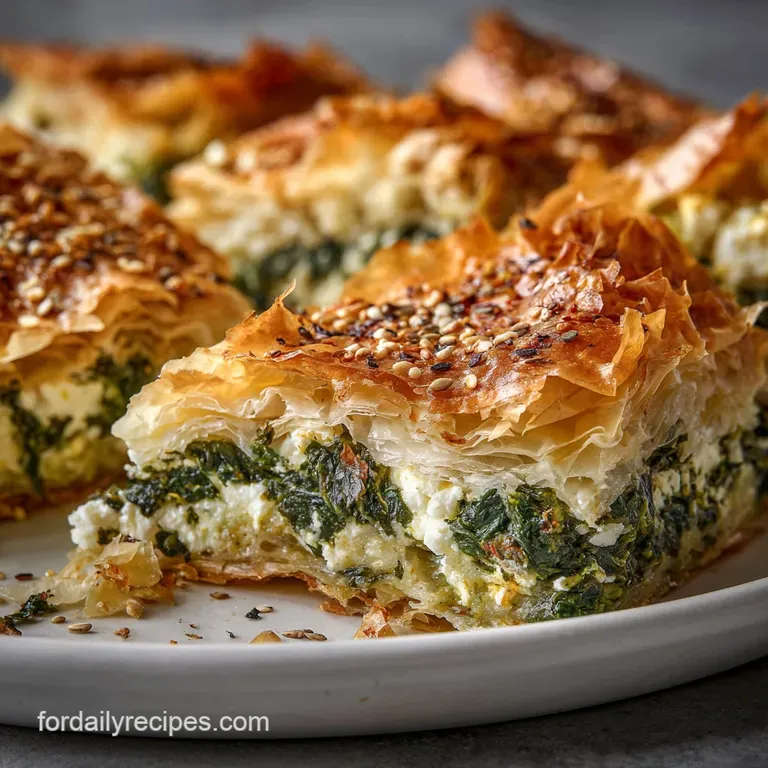 Slice of warm spanakopita with steam rising, feta oozing from crust, served next to a vibrant Greek salad.