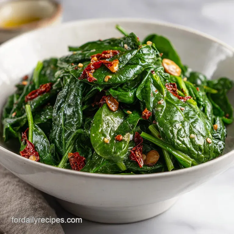 A bright spinach salad artfully arranged with glistening bacon bits, creamy cheese crumbles, and a light sheen from the dr...