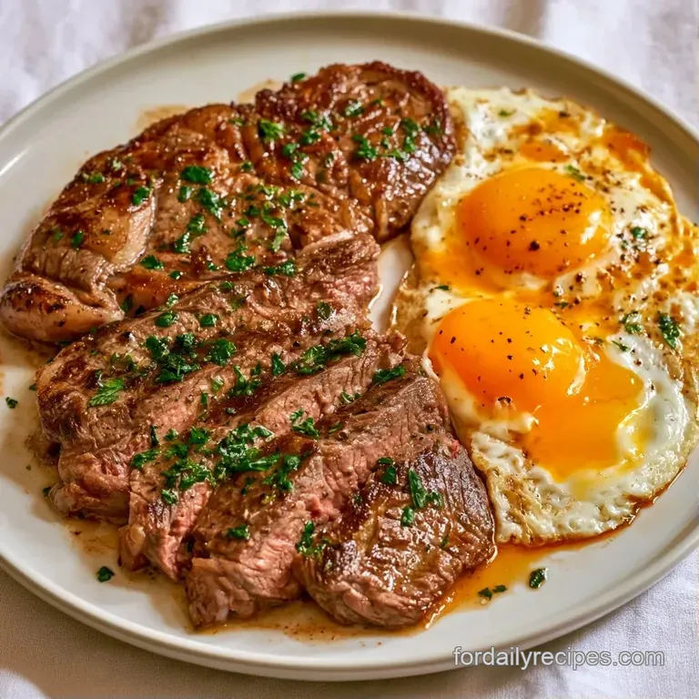 Perfectly seared steak slices alongside vibrant sunny-side up eggs, garnished with fresh parsley on a matte platter.
