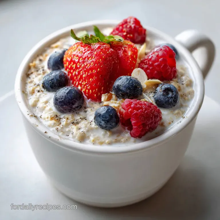 Layered overnight oats in a clear glass: creamy yogurt, colorful berries, and hearty grains. A visually appealing and heal...
