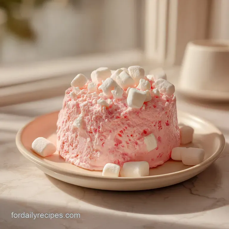 Elegant scoop of light pink cream with red strawberry bits in a crystal dish, garnished with a fresh mint leaf.