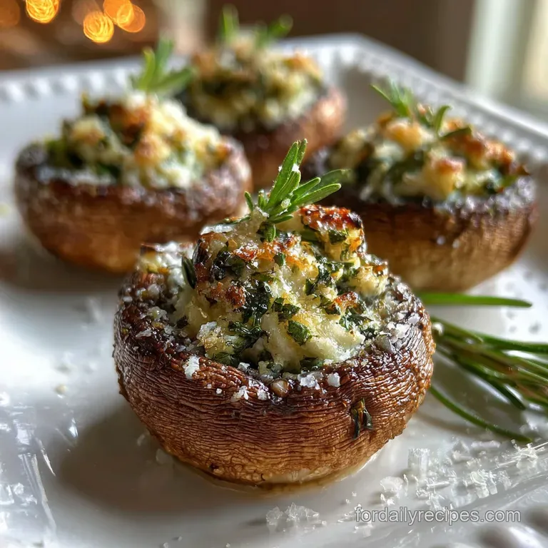 Elegantly plated stuffed mushrooms, garnished with vibrant parsley sprigs, offering a glimpse of their rich, textured fill...