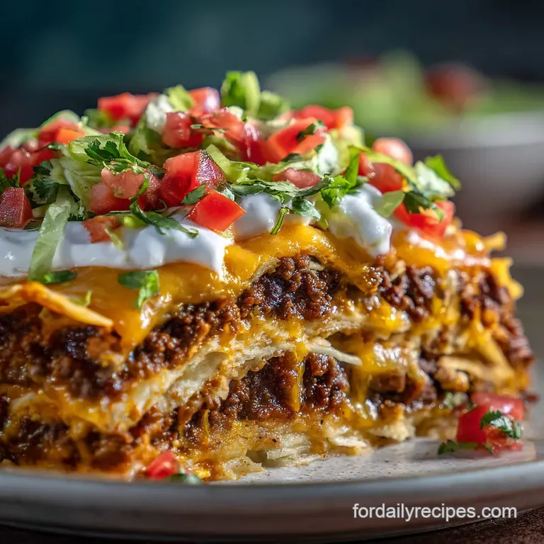 Slice of taco pie showcasing a flaky crust, vibrant layers of seasoned beef, melted cheese, and a fresh topping of shredde...