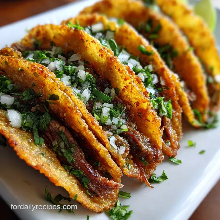 Close-up of soft tacos de lengua. Diced onions and fresh cilantro sit atop tender, braised beef, overflowing from warm tor...
