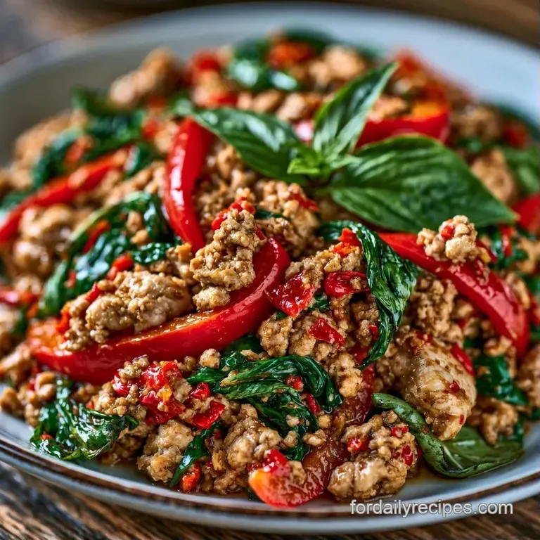 Minced savory meat and vibrant basil leaves plated next to a golden fried egg on a clean white ceramic platter.