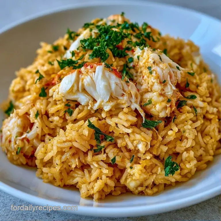 Golden-hued rice piled high on a white ceramic plate, topped with juicy crab lumps and rings of bright green scallions.