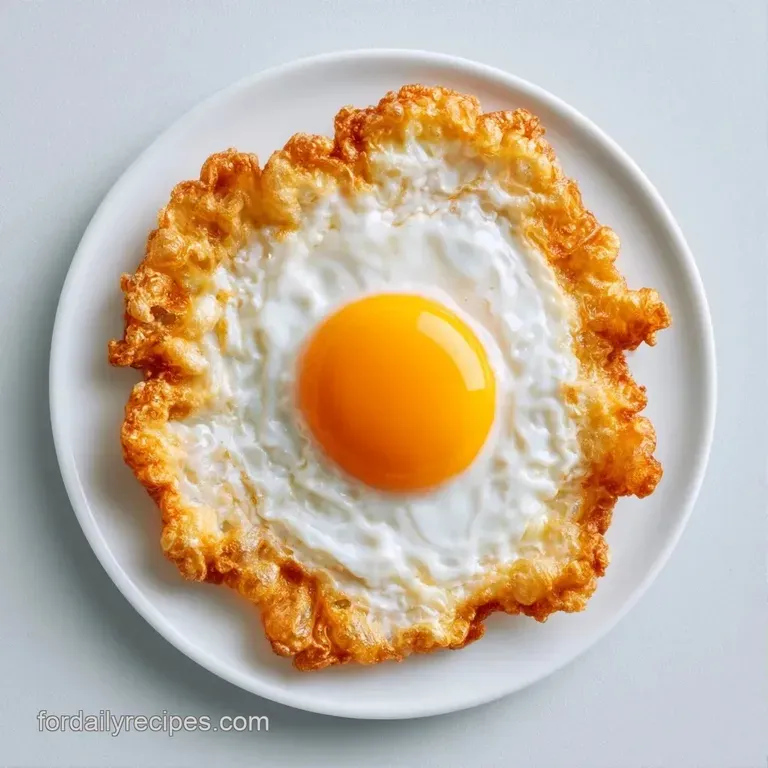 A perfectly fried egg with bubbly, charred edges centered on a ceramic plate, garnished with sliced red chilies.