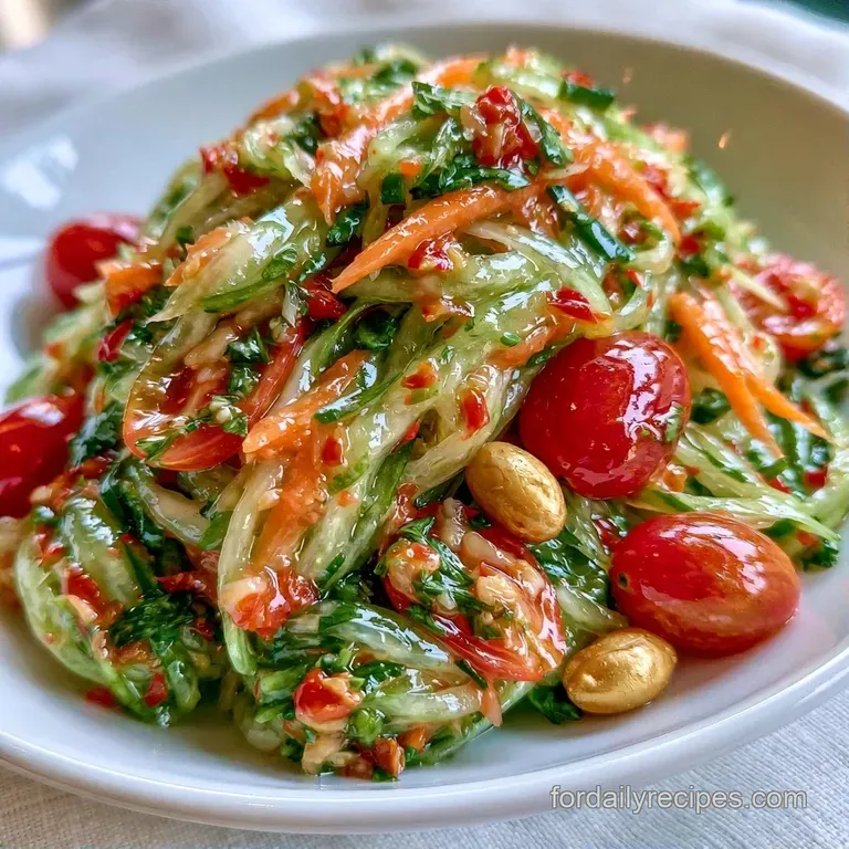 Crisp, pale green papaya ribbons and red cherry tomatoes elegantly piled in a bowl with golden roasted peanuts.