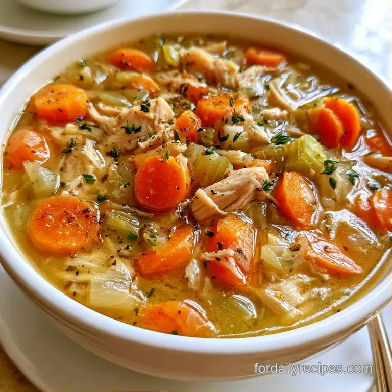 Elegant white porcelain bowl of golden broth and hearty vegetables, topped with fresh thyme on a linen cloth.