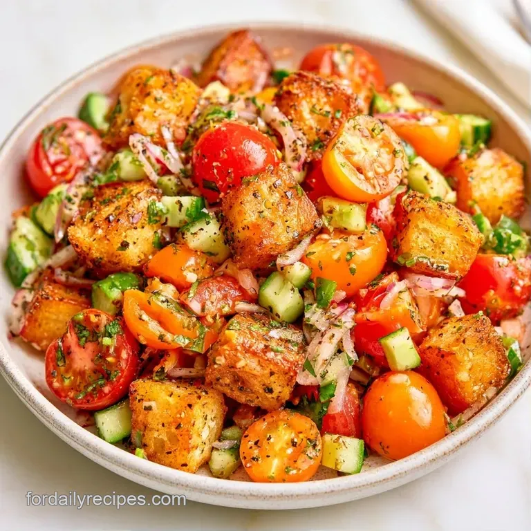 A wide ceramic bowl of red tomatoes and golden croutons, drizzled with shimmering oil and fresh green herbs.