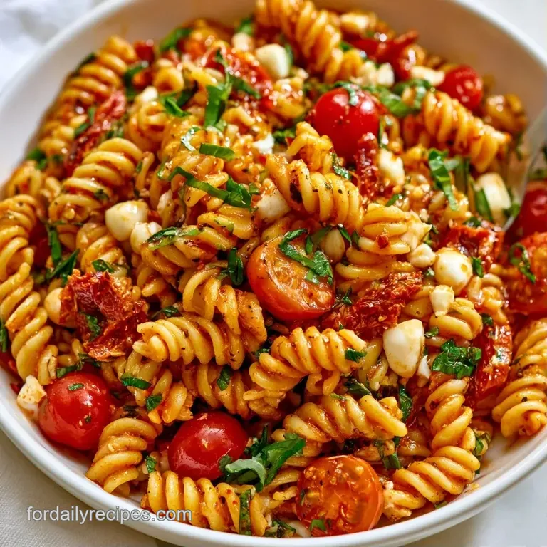 A neat mound of rotini pasta with bright red tomatoes and white cheese pearls on a minimalist ceramic plate.