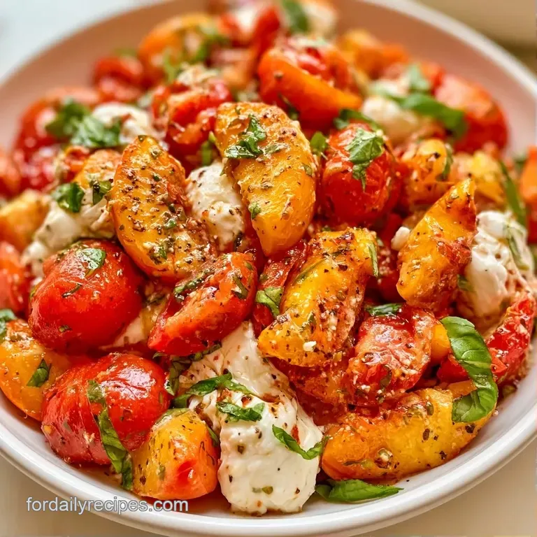 Elegant arrangement of sliced red tomatoes and yellow peaches on a white platter with a light balsamic drizzle.