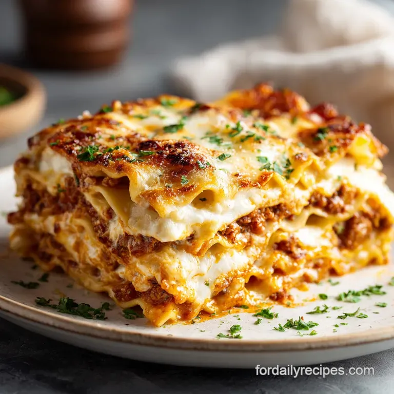 Elegant plate of lasaniya with browned cheese crust, parsley garnish, and a side salad, steaming gently.