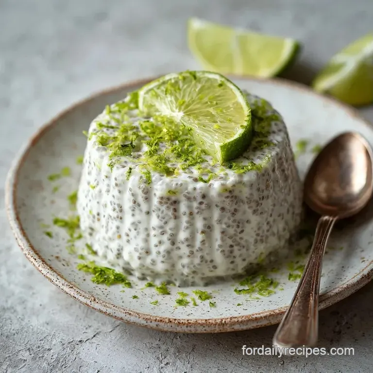 A clear glass jar filled with creamy white seeds, topped with golden mango, kiwi slices, and a tiny mint leaf.