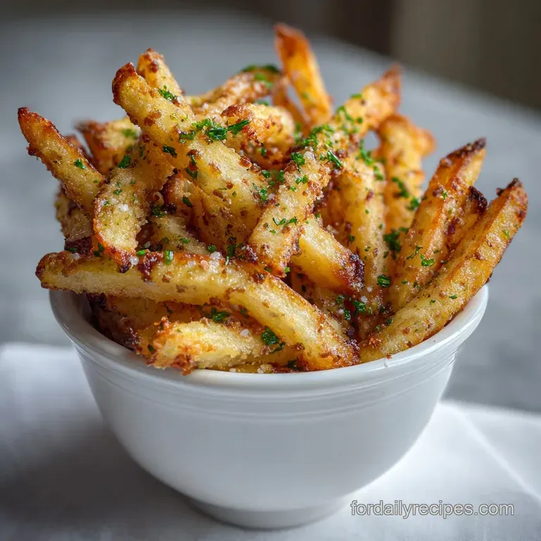 Elegant white plate showcasing crispy truffle fries artfully arranged, garnished with shaved parmesan and fresh parsley sp...