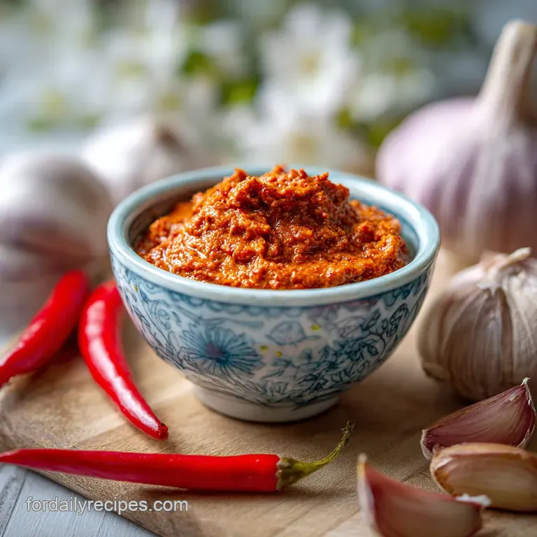 Bold harissa condiment drizzled artfully on grilled lamb skewers, the vibrant red contrasting with the charred meat.