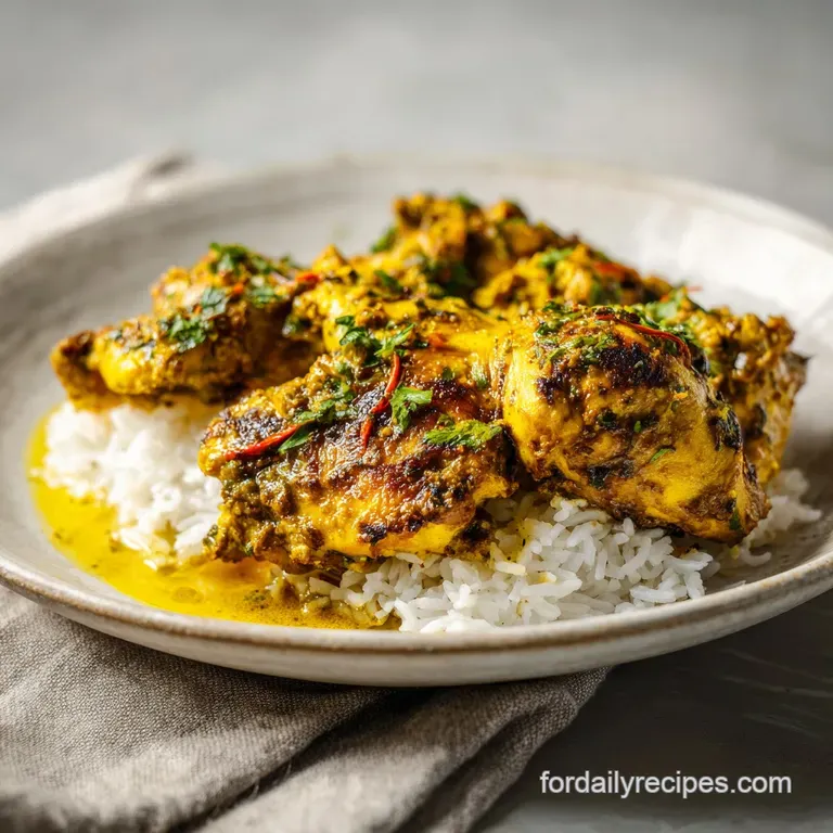 A single, juicy piece of turmeric chicken on a white plate, garnished with fresh cilantro and a sprinkle of chili flakes.
