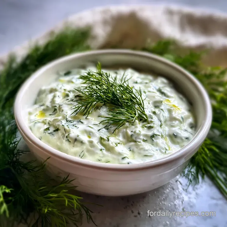 Small bowl of cool, bright tzatziki sauce beside warm pita bread. Dollop is garnished with fresh dill and a drizzle of oli...