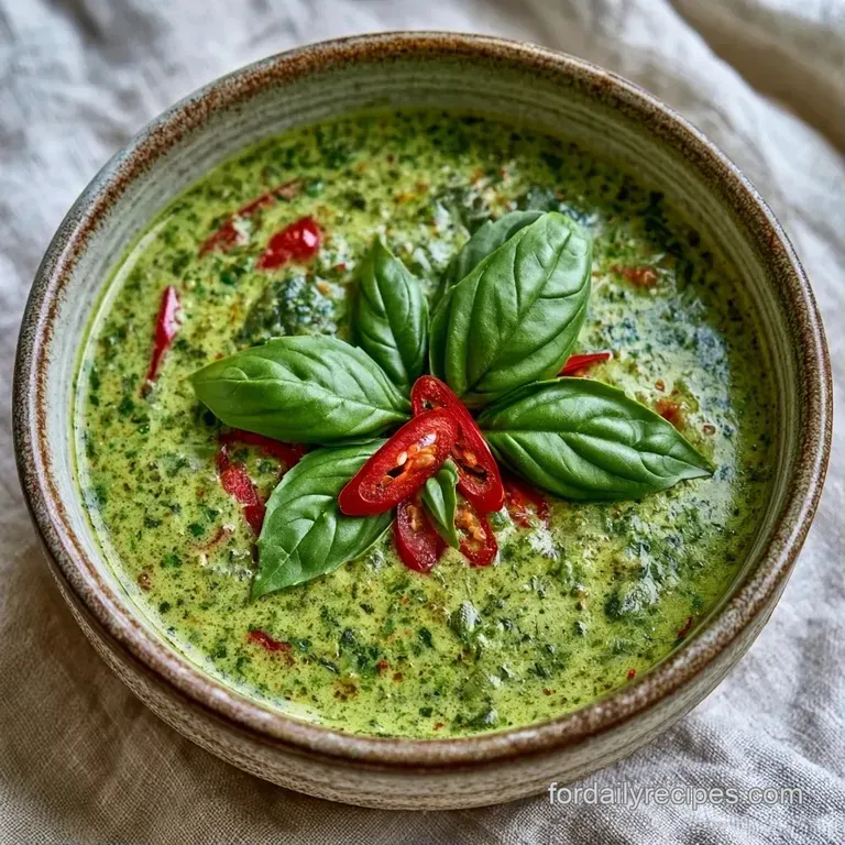 A shallow white bowl of pale green coconut curry topped with fresh basil leaves and a wedge of bright lime on the side.