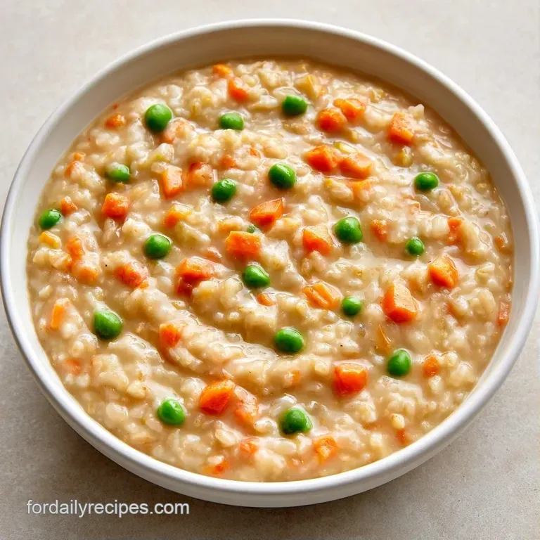 A white ceramic bowl filled with savory porridge and colorful mixed vegetables, set on a rustic wooden tabletop.