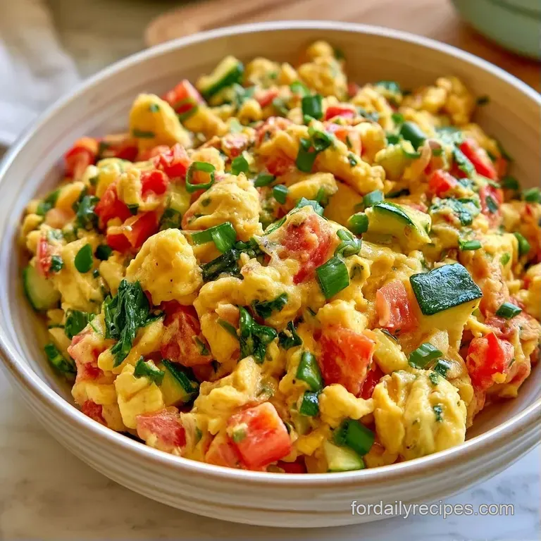 Bright yellow scrambled eggs mixed with colorful garden vegetables, garnished with fresh chopped parsley